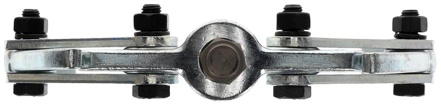 Metal object with six screws, symmetrically arranged. Screws are fixed at the top and bottom of a central mounting bracket.