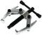 Two-legged metal puller, useful for removing bearings or gears, with screw mechanism and adjustable arms.