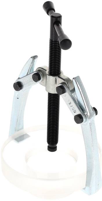 Metal G-clamp with two gripping arms and rotating handle, used for holding or pressing objects.