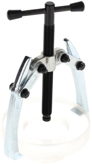 Two-armed puller with an ergonomic metal handle, designed for removing bearings and gears from shafts in workshop environments.