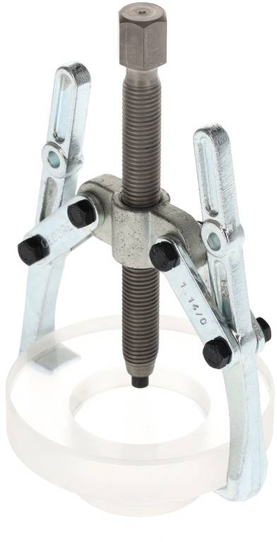 Two-pronged puller with screw spindle, fixed on a round object to loosen parts. Made of metal.