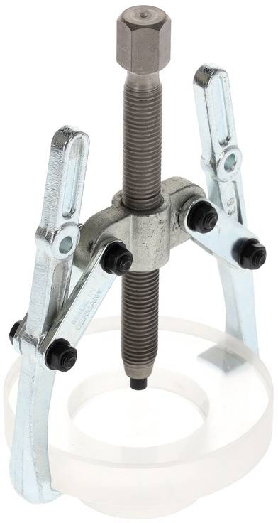 Two-legged metal puller used for removing bearings or gears. Adjustable arms and central screw for secure grip.