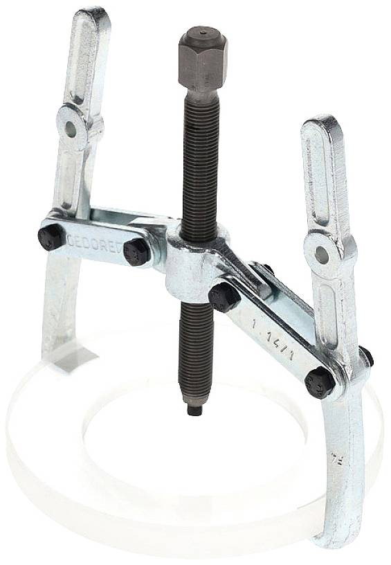 A silver three-arm puller with a central spindle, used for removing bearings or gears from shafts.