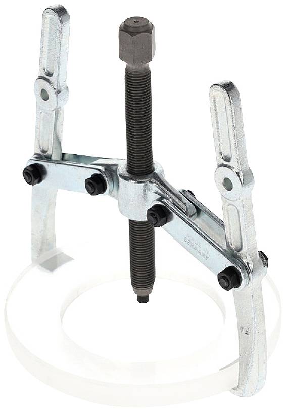 'Metal tyre lever tool with a rotatable central screw and two adjustable gripping arms.'