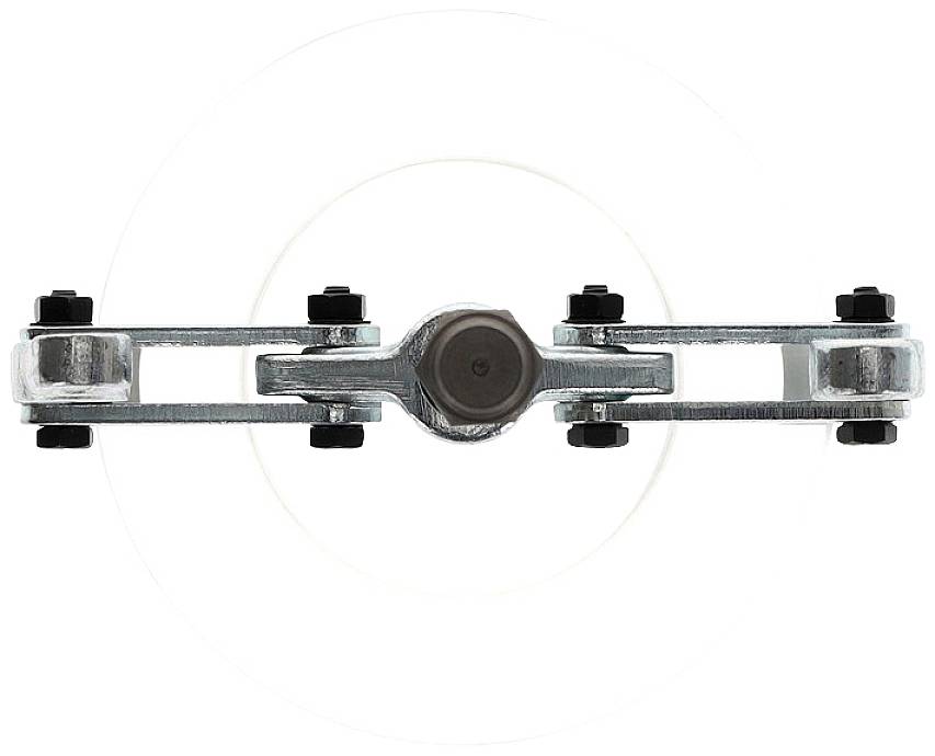 Metallic chain component with nine small screws, arranged horizontally.