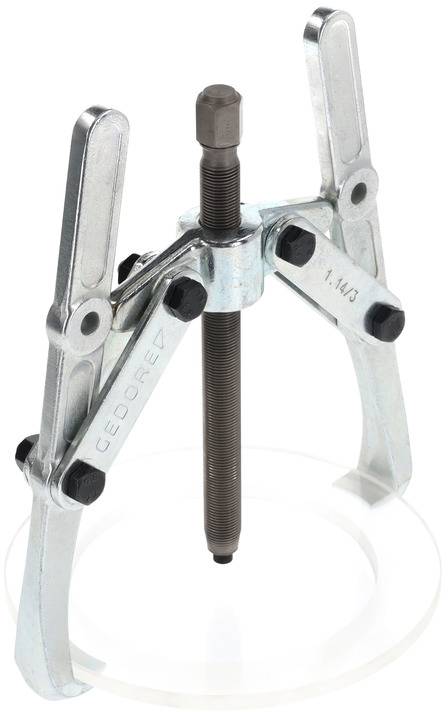 A three-pronged puller with adjustable arms, mounted on a metal plate. Used for removing stubborn parts.