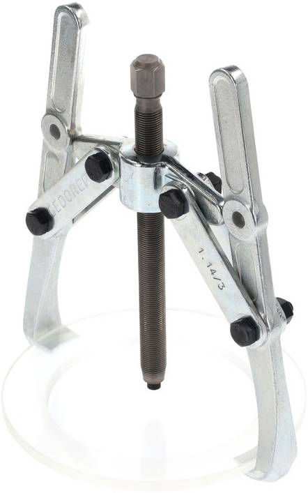 A three-legged puller, a tool used for removing seized parts such as gears or bearings from a shaft.