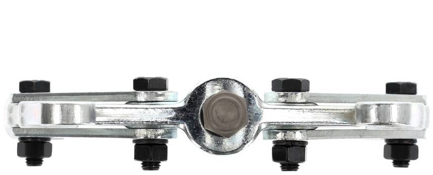 Metal connecting piece with a central screw and five black screws evenly distributed.