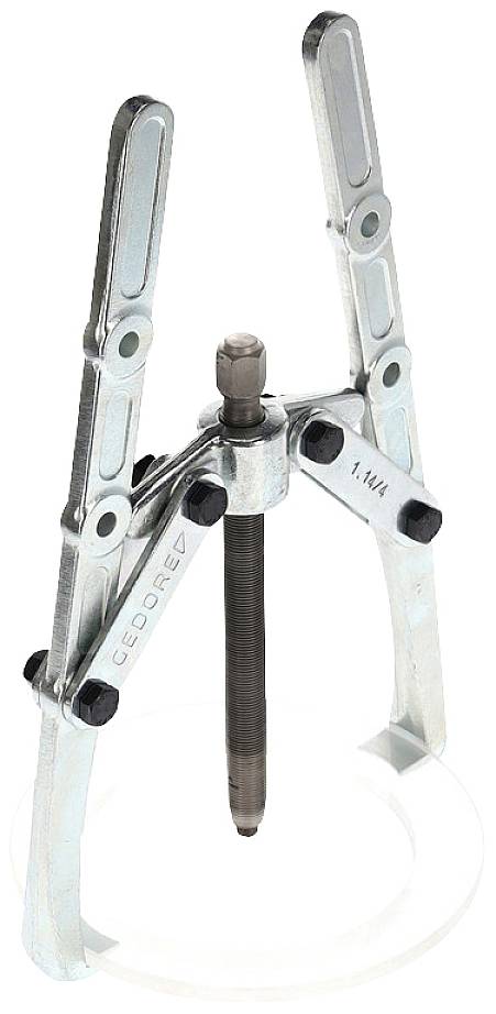 Two-legged metal puller with two adjustable arms and a central screw, for removing bearings or pulleys.
