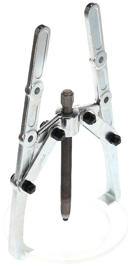 Three-armed metal puller tool for removing bearings or gears from shafts or axles.