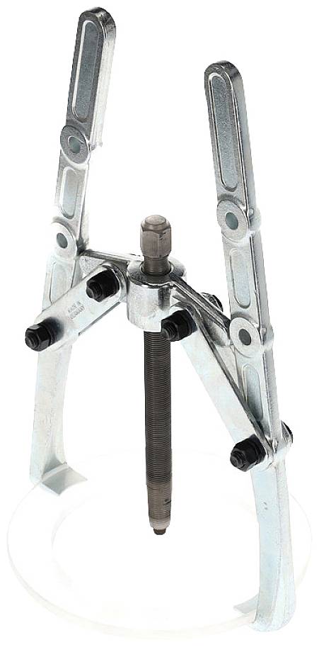 A metal puller, typically used for removing bearings or gears from a shaft. Consists of two foldable arms and a central spindle.