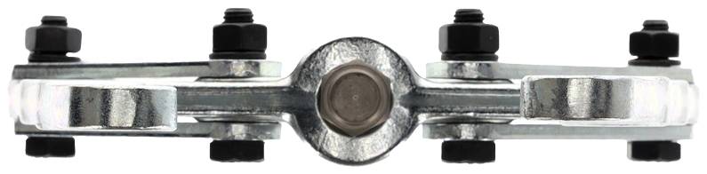 Metal connecting piece with six screws, central rounded area. Symmetrical arrangement, industrial design.