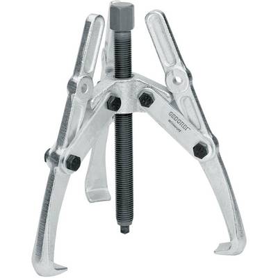 A three-legged metal puller with a screw mechanism, used for removing bearings or gears from shafts.