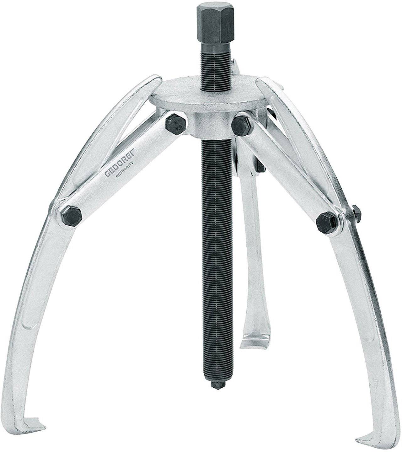 Metal three-legged puller with threaded spindle, for removing gears or bearings. Silver arms and black thread.