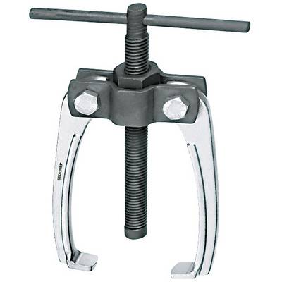 'Two-legged metal puller with a screw thread, featuring a T-shaped handle in the centre for operation. Used for removing components.'