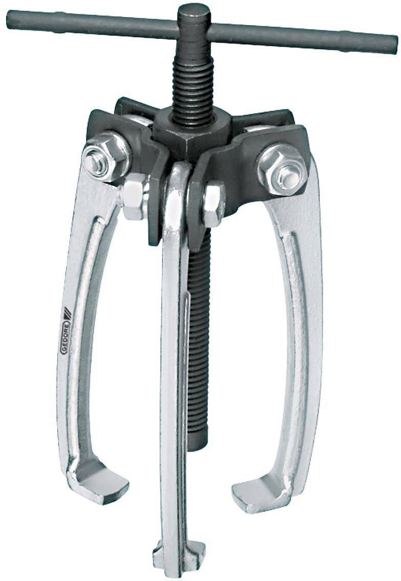 A silver puller with three gripping arms and a threaded rod in the centre, used for removing bearings or gears.