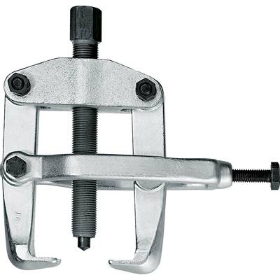 A two-hook metal puller with a central screw, used for removing gears or bearings from shafts.