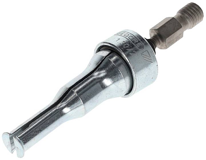 A metallic drill bit with a round shank and a threaded mounting, likely for specialised drilling work or machine applications.