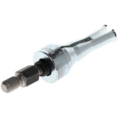 A metal tool with a screw thread and conical tip, which can be used for fastening or loosening parts.