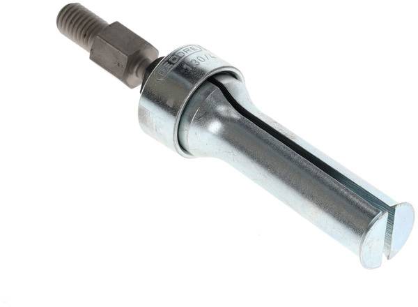 Metal drill head with adjustable end and threaded bolt, typically used for industrial applications.