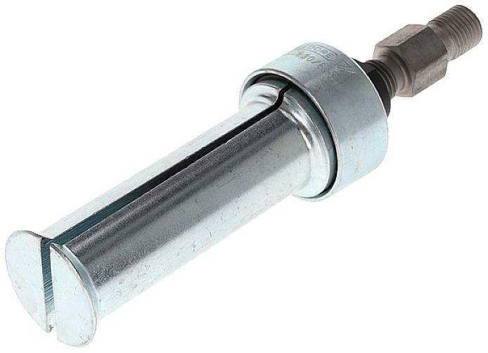 'A cylindrical metal tool with a slot, threaded screw and knurled top surface for securing or adjusting mechanical parts.'