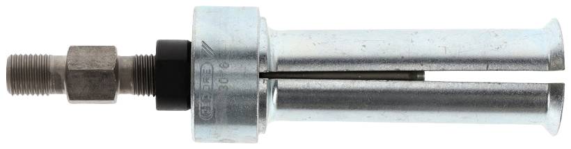 A metal chuck with a threaded screw and two galvanised jaws, for securing tools in machines.