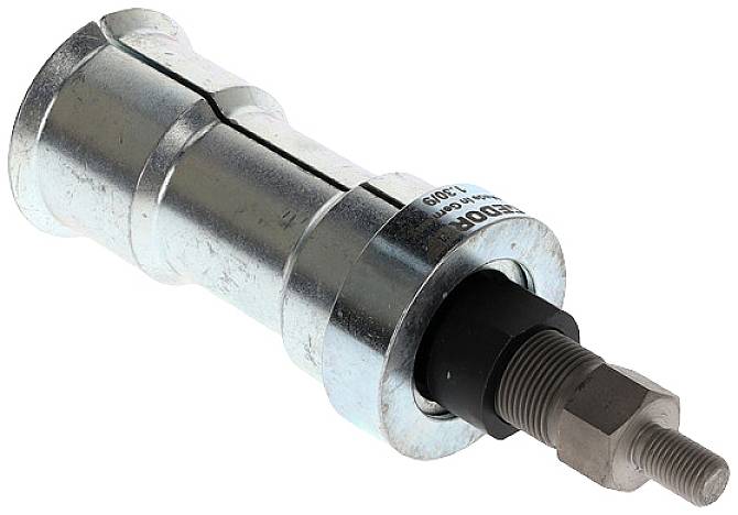 A metallic tool component with a cylindrical body and threaded bolt, used for mechanical adjustments or fastenings.