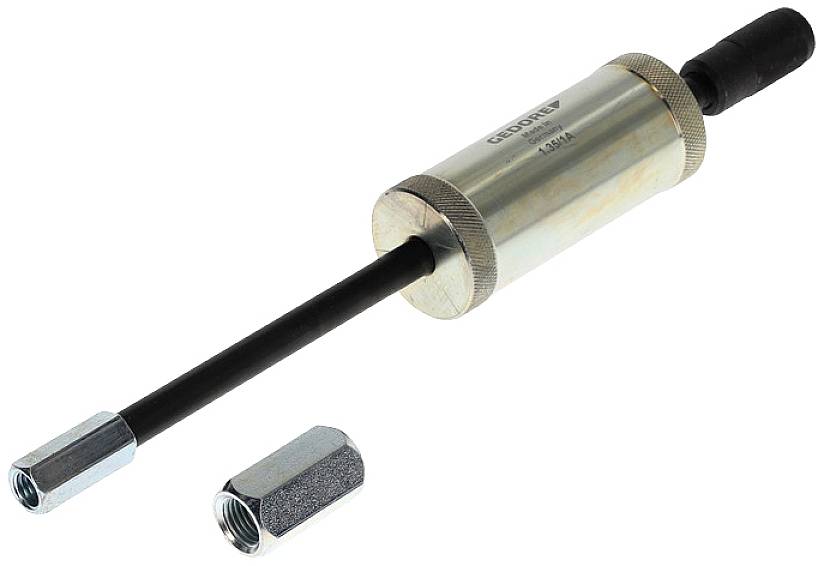 Metal extraction tool with a long rod and screw connections, used for assembly or repair work.