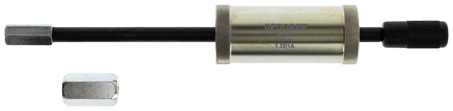 A puller tool with a cylindrical central section and an extended handle, next to a hexagonal nut.