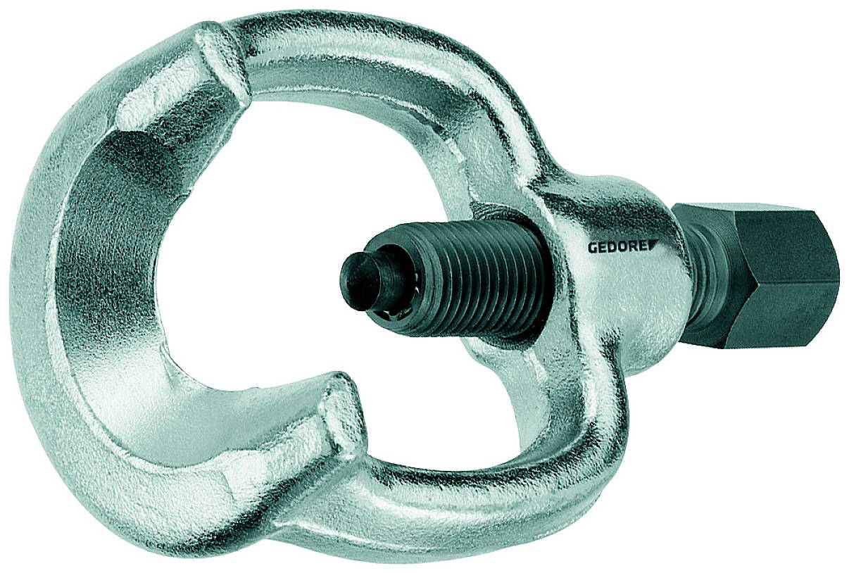 A metallic, silver tool with a U-shaped head and screw mechanism, used for loosening tight fastenings.