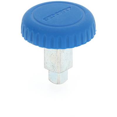 A blue handle with a round plastic head and a metallic, hexagonal shaft.