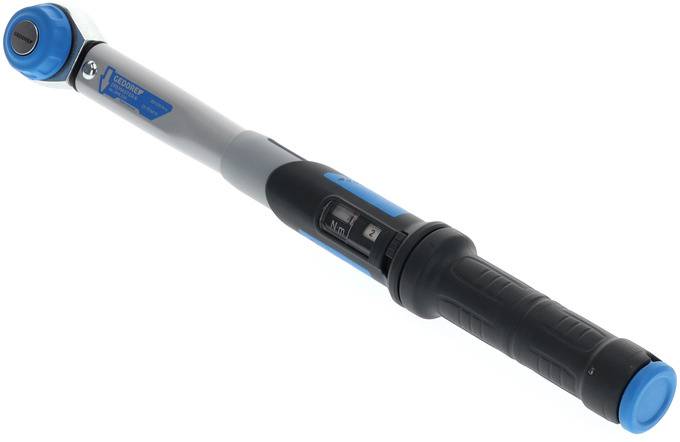 Torque wrench with a blue-black handle and scale for measuring tightening torques, primarily used for mechanical work.