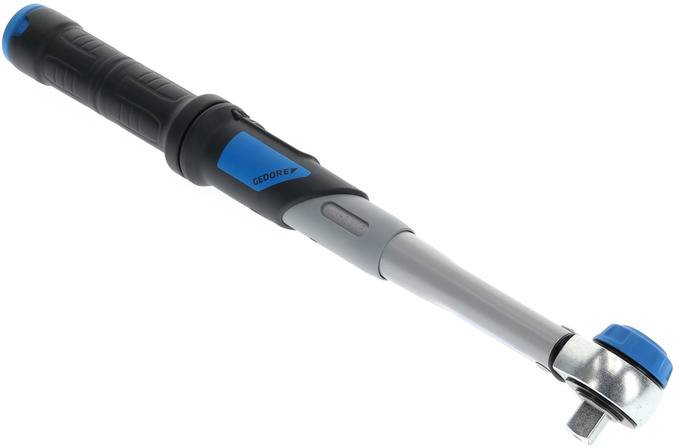 A torque wrench with a black handle and blue accent. It is used to tighten screws to a specific torque.