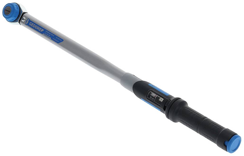 Torque wrench in close-up, predominantly in blue and grey, with a scale on the handle for precise torque adjustment.