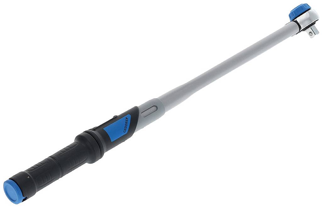 Torque wrench with blue-black handle and grey shaft. Tool for precise adjustment of torque when working with screws.