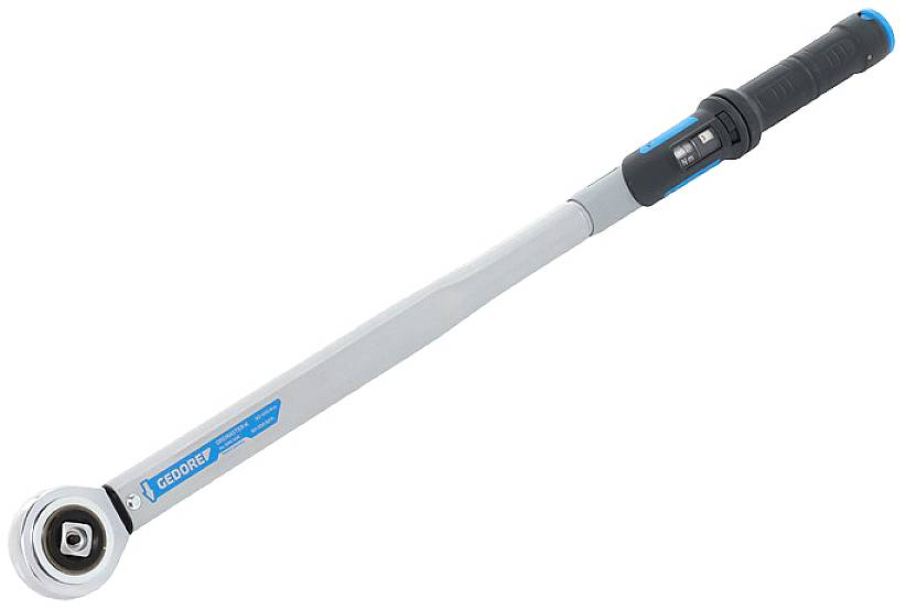 Torque wrench with a long handle and blue-black details, used for precisely tightening screws or nuts.