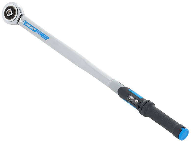 A silver torque wrench with a black handle and blue accents, suitable for precise force measurement when tightening screws.