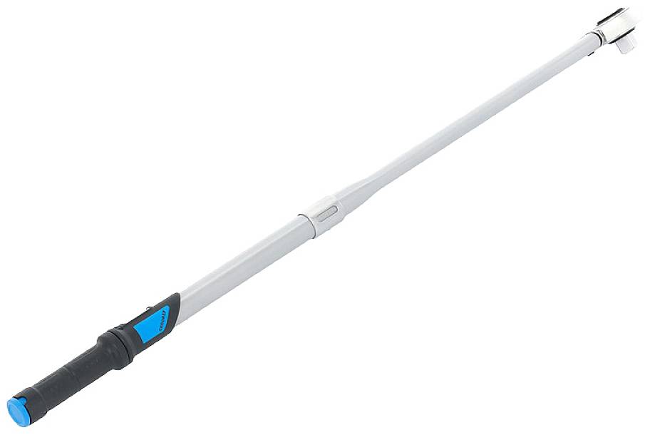 A silver torque wrench with a black and blue handle. The torque mechanism is located at the end of the key.