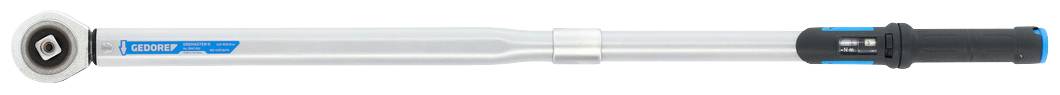 A silver torque wrench with a black handle and blue accents, ideal for precisely tightening screws.