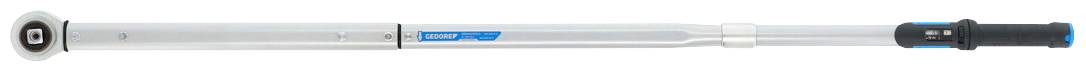 Torque wrench with long handle, silver-coloured with blue accents, for precise tightening of screws and nuts.