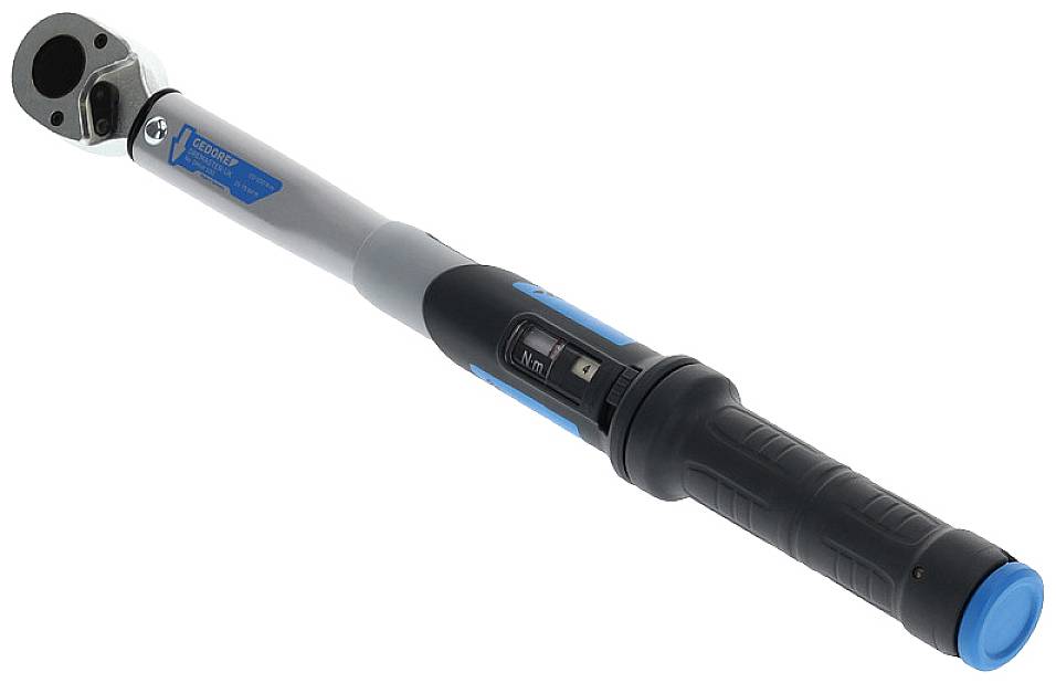 A digital torque wrench with a black handle and a display for setting the torque in newton-metres.