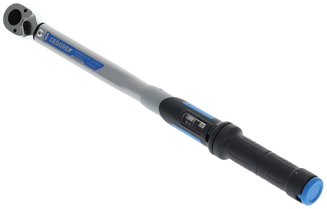 Torque wrench with adjustable handle and blue end, used for precisely tightening screws or nuts.