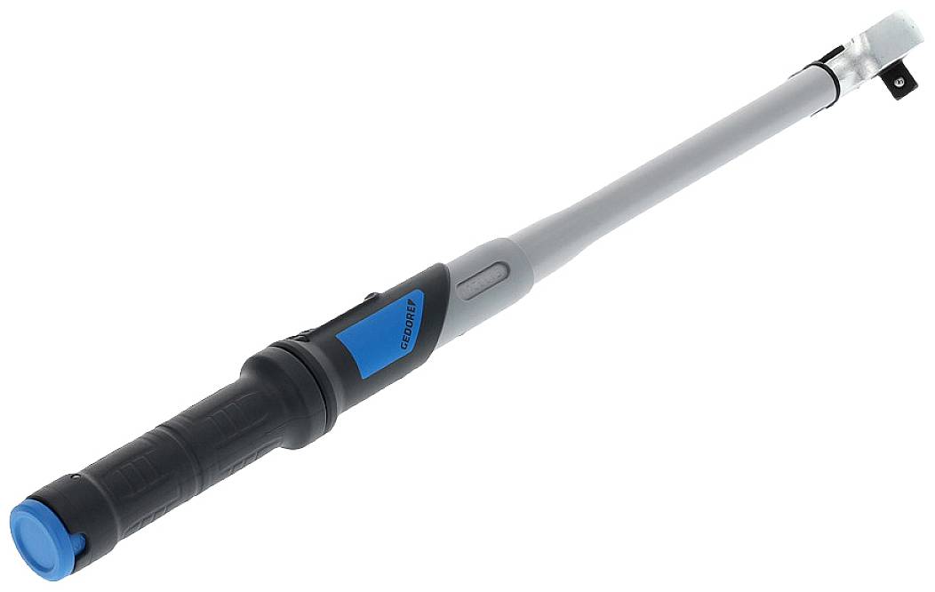 Torque wrench with a blue-black handle and scale on a grey shaft, used for precisely tightening screws and nuts.