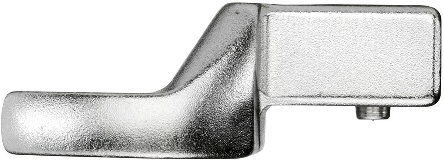 Metallic component with a curved surface and a rectangular, flat surface. A threaded screw is also visible on the side.