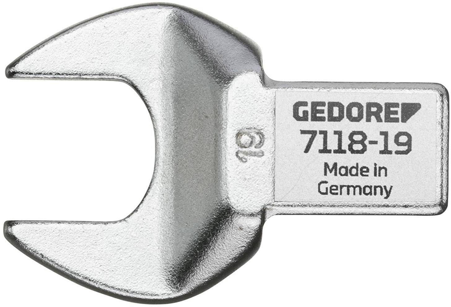 Open-ended spanner with embossed inscription 'GEDORE 7118-19 Made in Germany', silver-coloured, with a size of 19 mm.