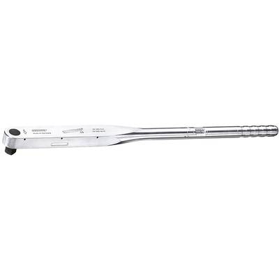 A chrome-plated torque wrench with a scale and adjustment mechanism, used for tightening bolts or nuts to a specific torque.