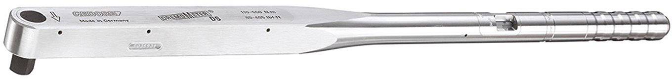 A silver tool with a finned, cooling-ridge handle and a bevelled tip, marked with technical specifications.