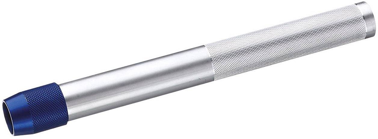 Silver and blue handle of a precision tool needle, used for craft purposes or model-making work.