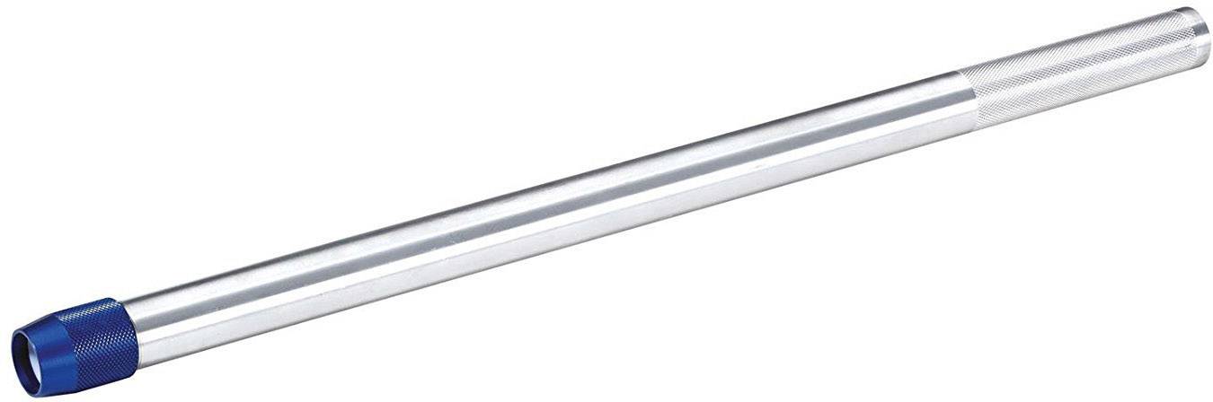 A long, silver metal rod with a blue tip, possibly a telescopic tube or extension rod.