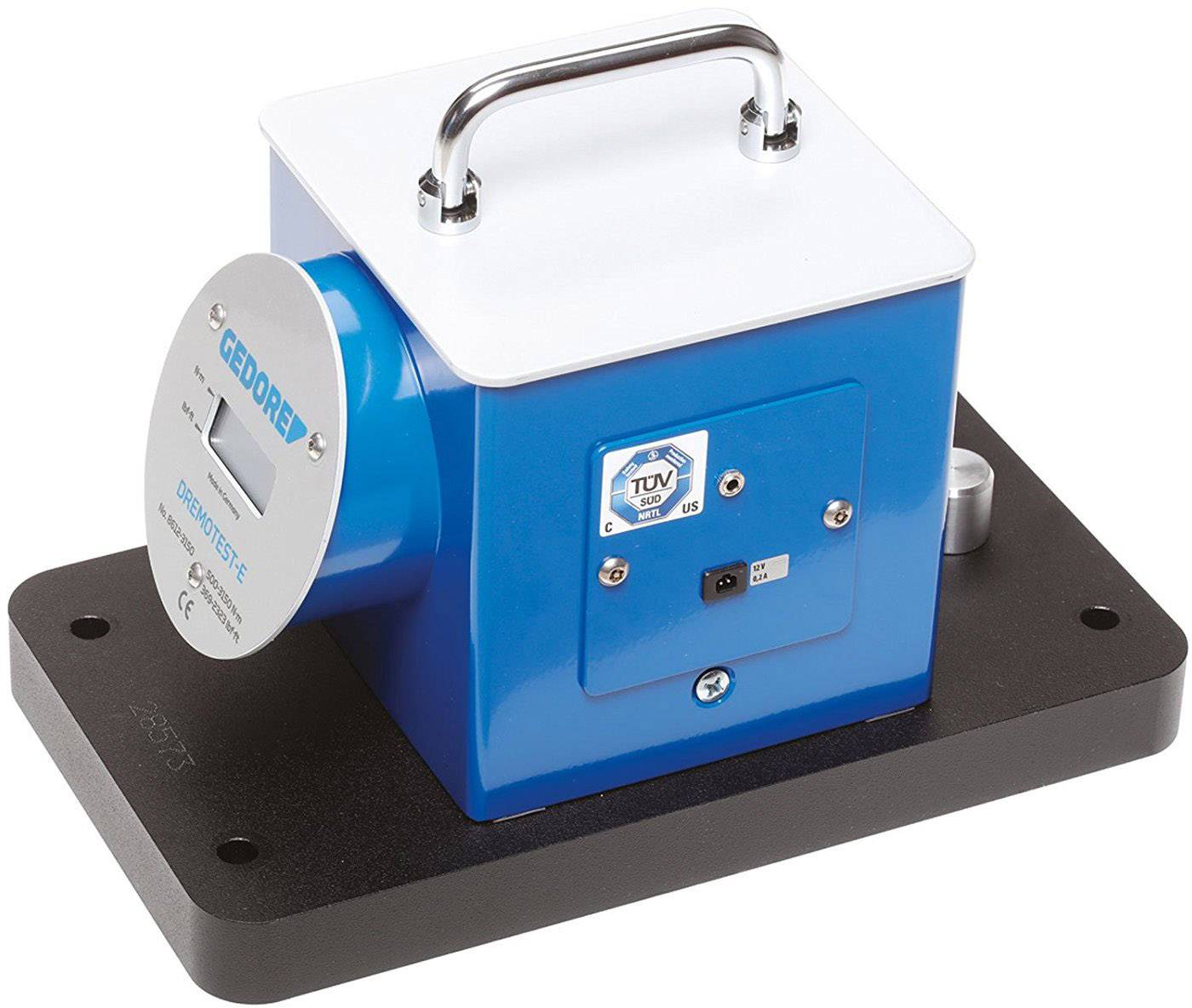 Blue rectangular device by Gedore on a black base with a handle on the top and a verification seal, presumably for measuring.